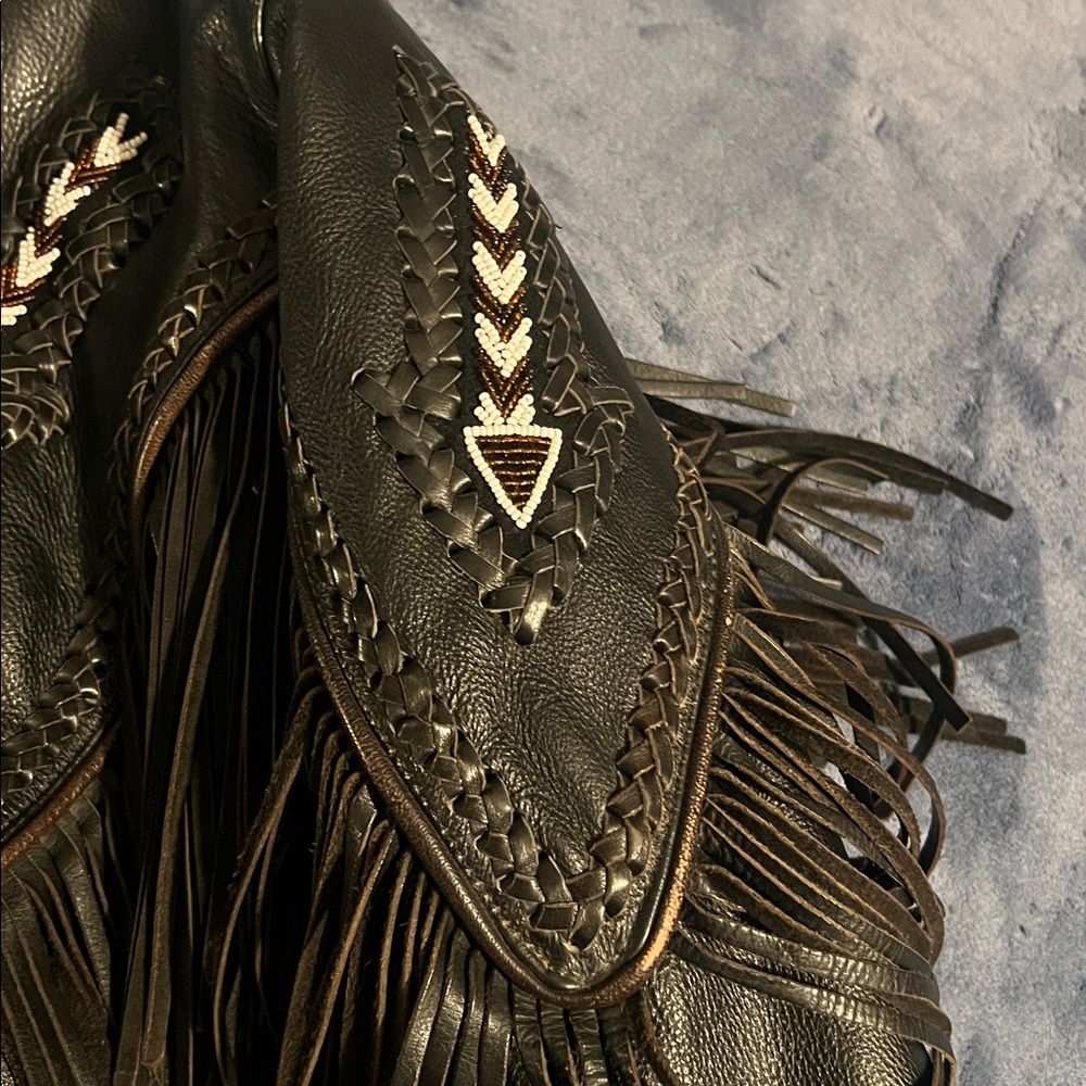 Vintage Unik Black Leather Jacket with Fringe, Beads & Braiding - Picture 9 of 16